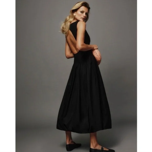 ANTHROPOLOGIE REFORMATION ELVIRA OPEN BACK MIDI DRESS BLACK ORGANIC COTTON 6 NWT - Picture 2 of 13